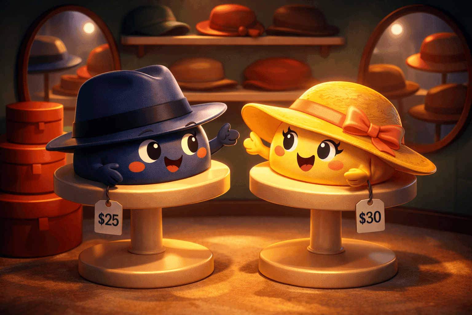 Two cartoon hats having a conversation together