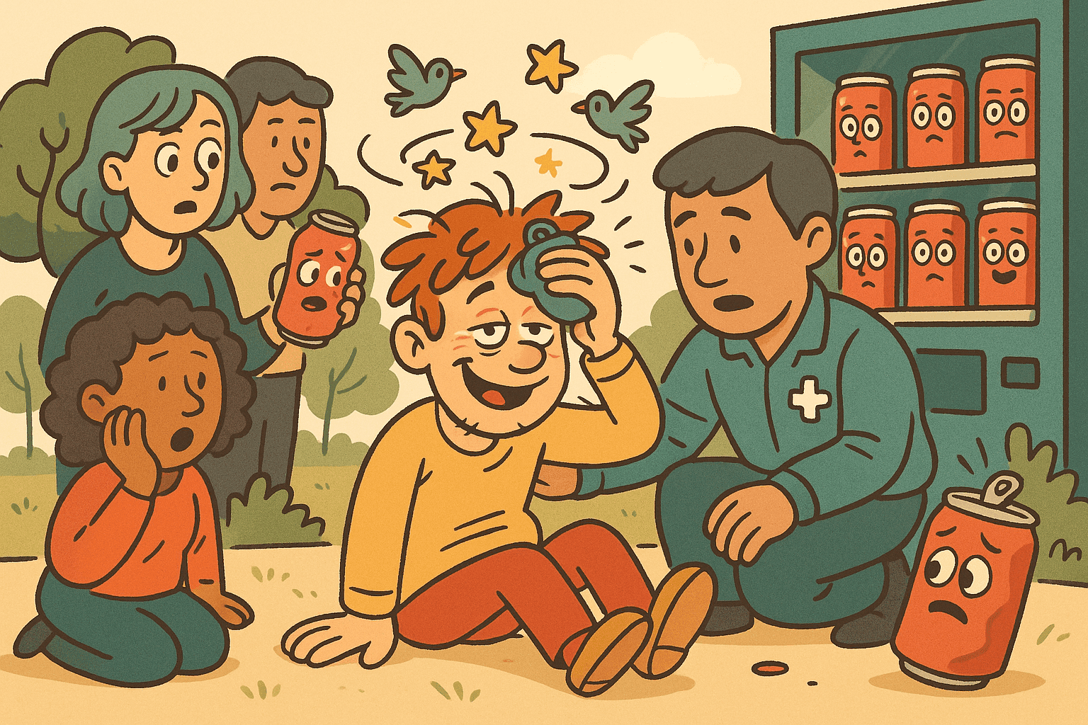 A cartoon person with a surprised expression as a soda can harmlessly bounces off their head with stars circling