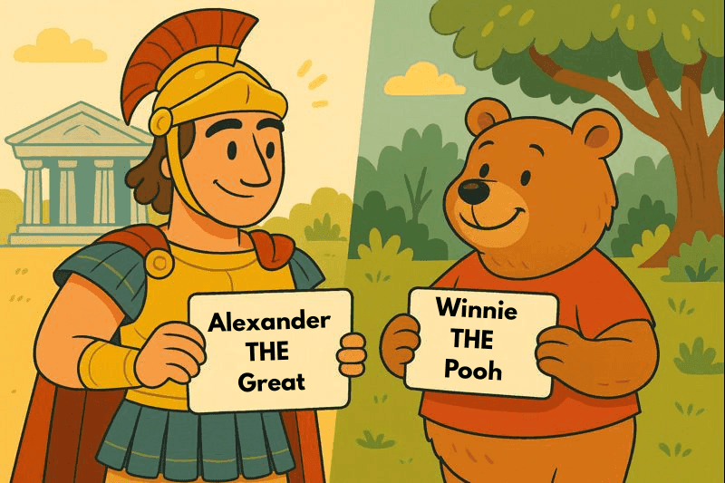 Cartoon Alexander the Great and Winnie the Pooh standing together comparing name tags