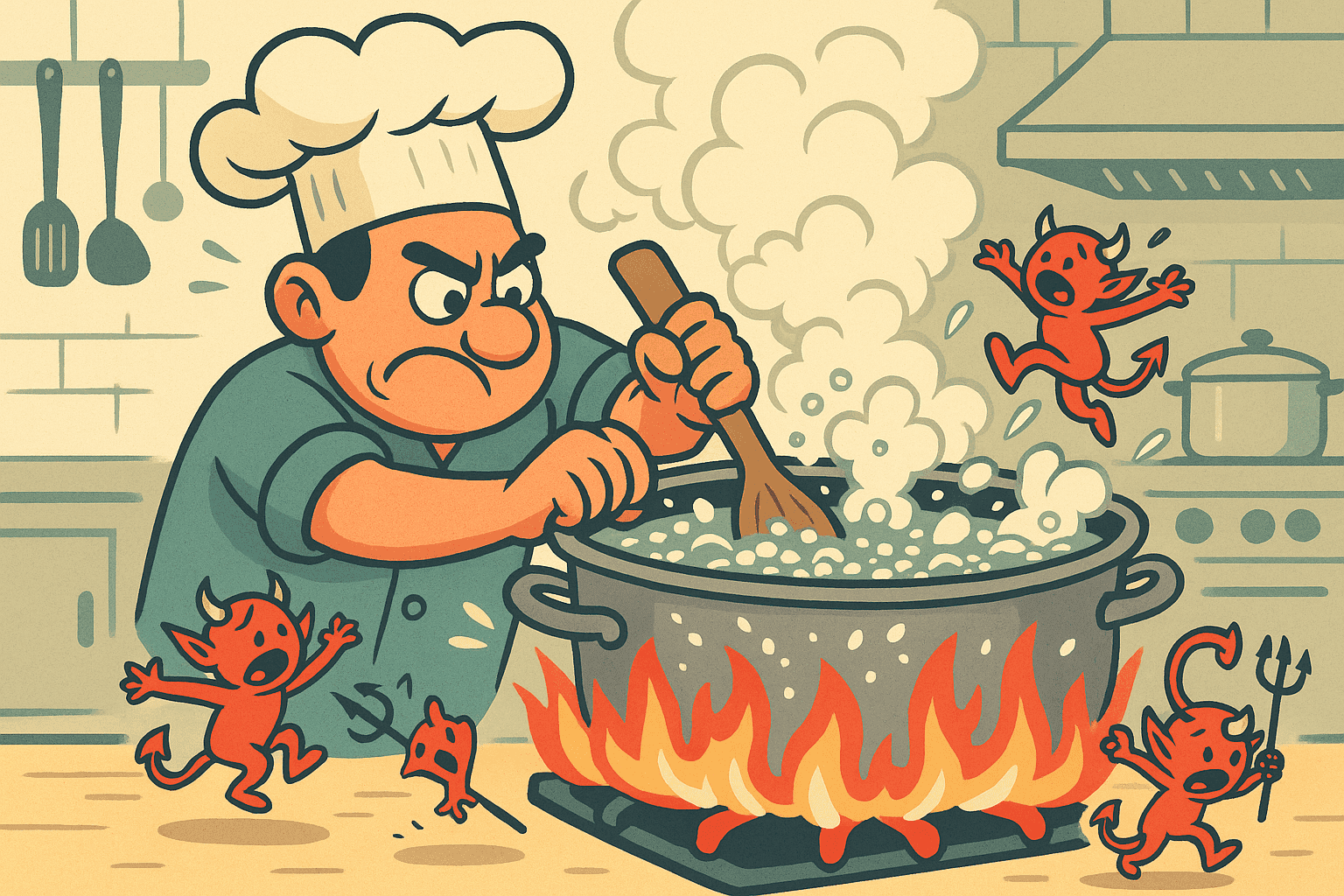 A cartoon chef or priest with a chef's hat stirring a large boiling pot with intense flames underneath, while steam rises up and small devil figures flee from the boiling water, creating the visual pun
