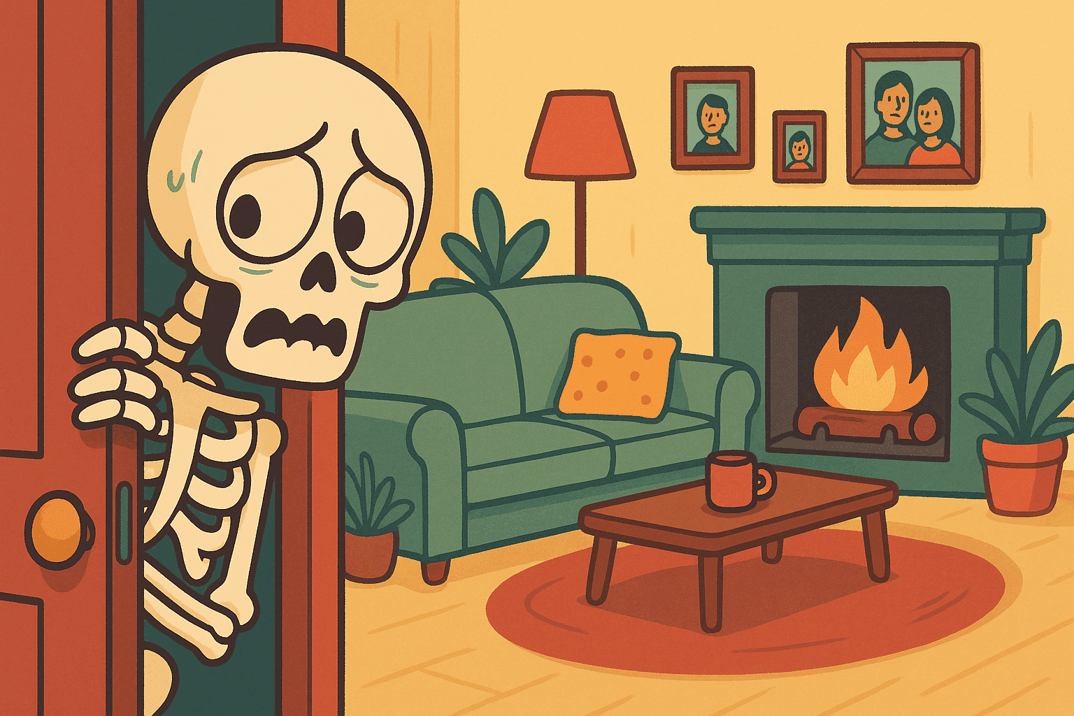 A humorous cartoon illustration of a nervous-looking skeleton peeking around a doorway into a cozy living room filled with comfortable furniture and warm lighting