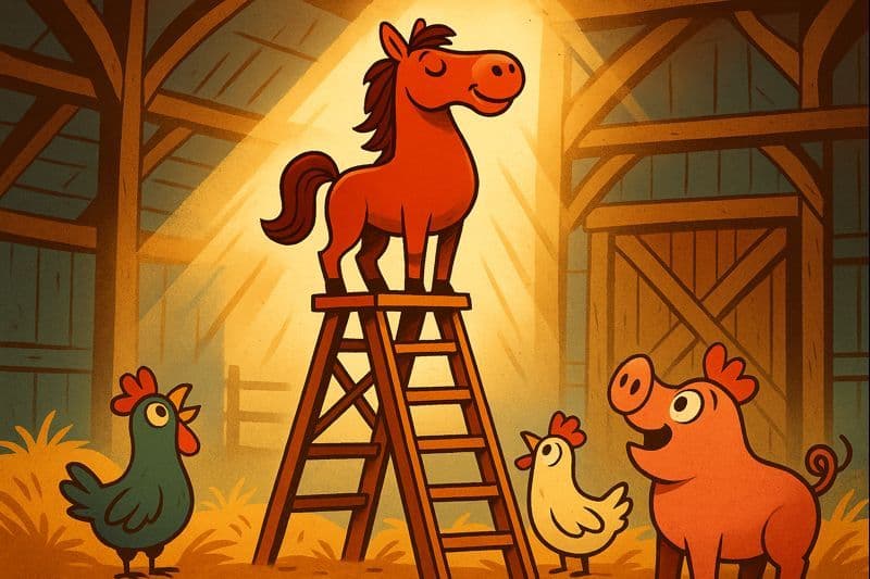 A cartoon horse standing on a ladder looking proud and elevated