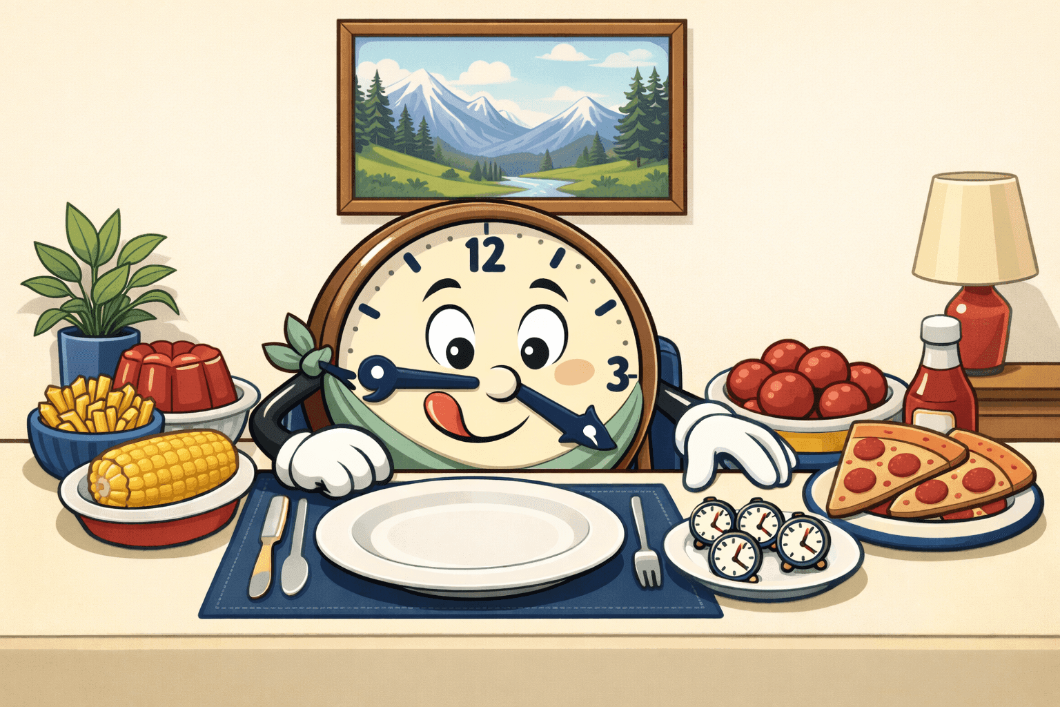 A cartoon clock eating food going back for more helpings