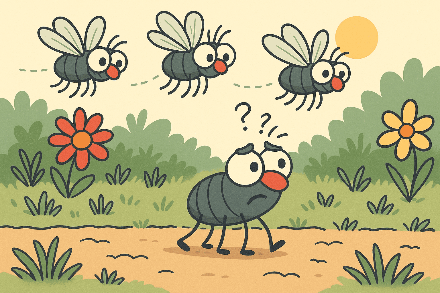 A cartoon fly without wings looking confused while walking on the ground, with other flies with wings buzzing overhead, creating a visual pun about the wordplay
