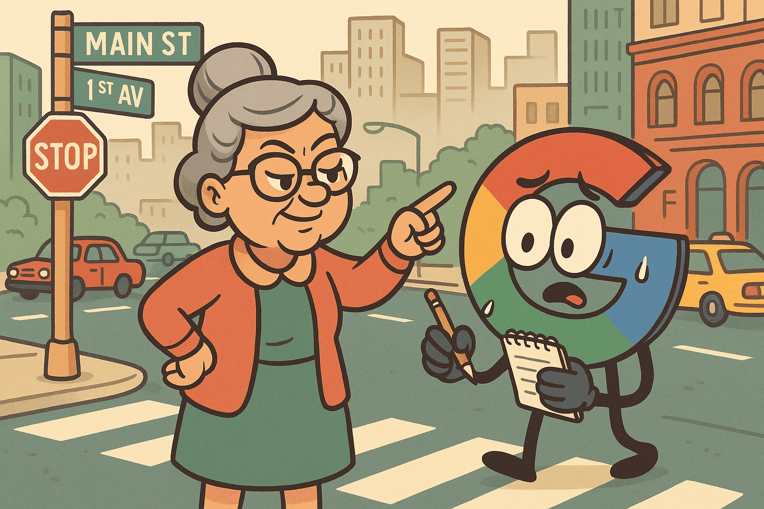 A cartoon mama character with glasses and a confident smile giving directions to an anthropomorphic Google logo character who is holding a notepad and looking confused, set in a bustling city intersection
