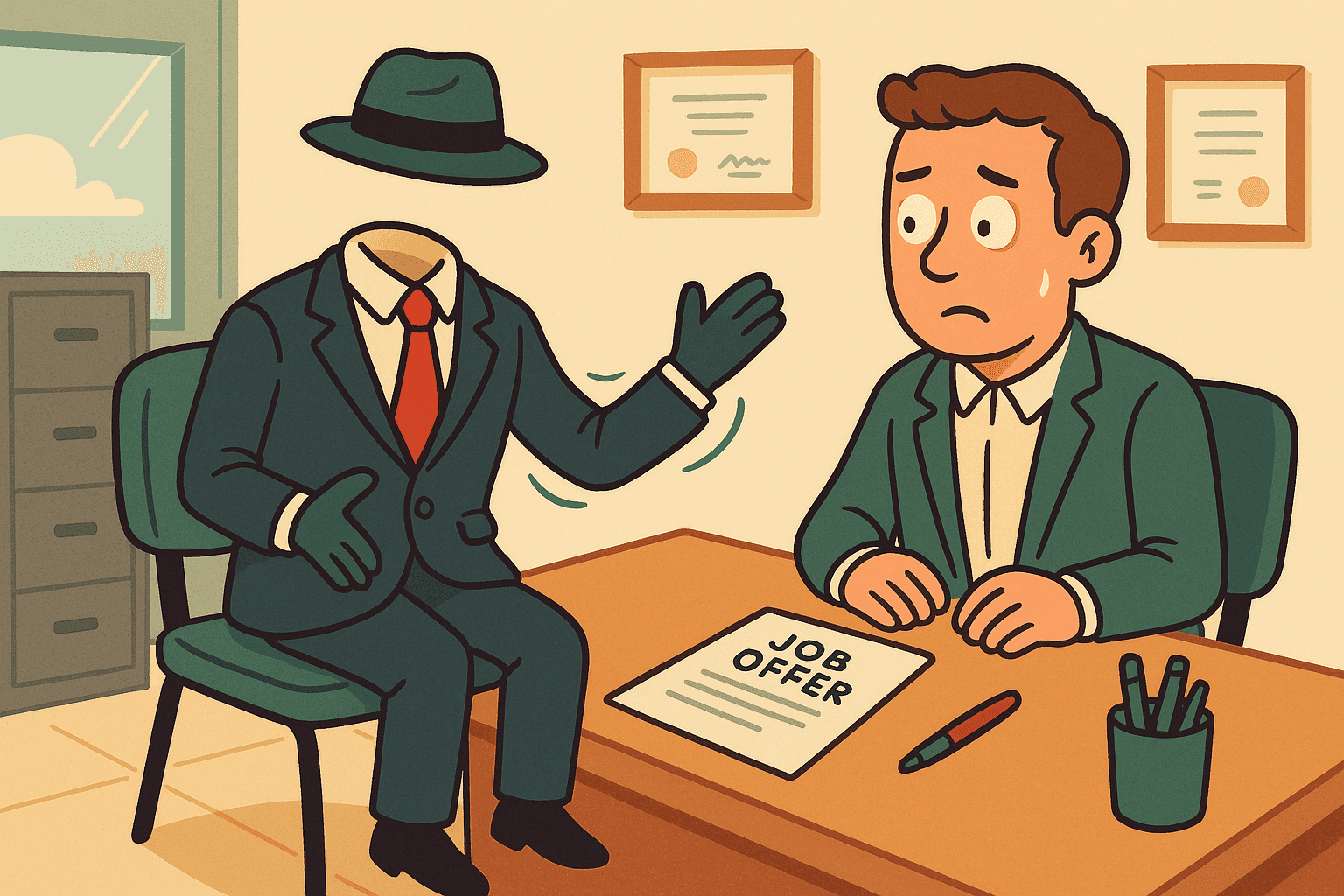 A cartoon office scene with floating clothes and a hat representing an invisible man sitting across from a confused employer at a desk, with a job offer letter on the table and the invisible man gesturing in decline