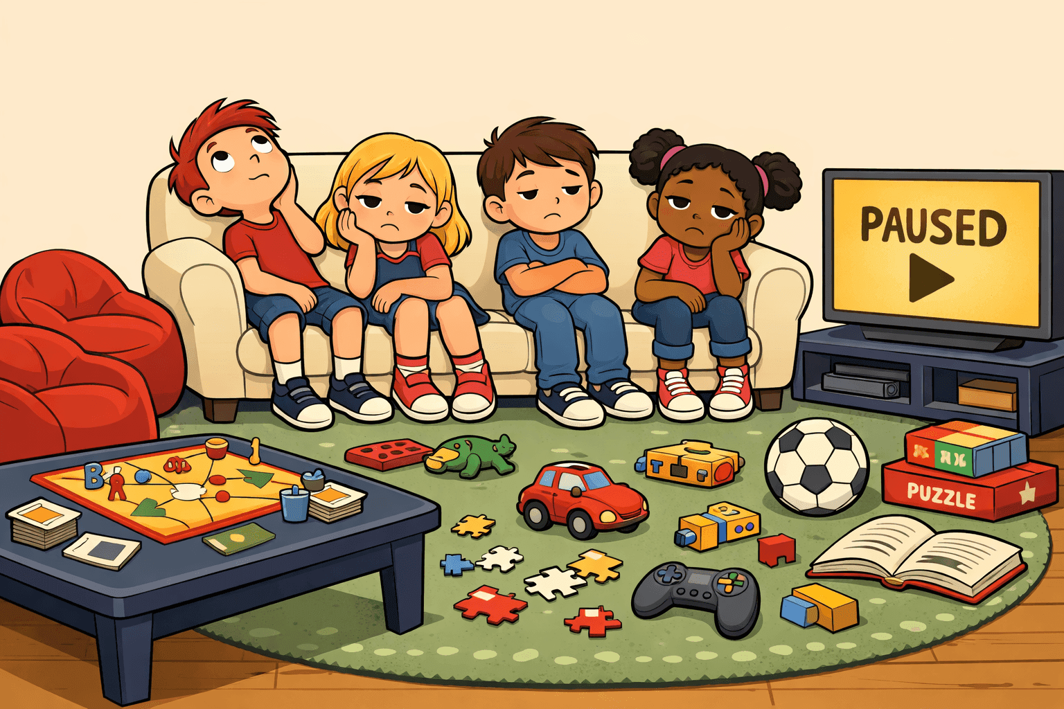 Cartoon kids sitting around looking uninterested with games nearby