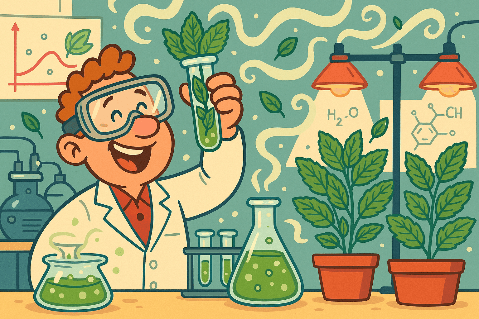 A cartoon scientist in a lab coat and goggles holding a test tube filled with mint leaves, with scientific equipment and beakers of minty green liquid bubbling on lab tables around them