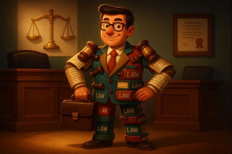 A cartoon lawyer wearing a suit made of law books and legal documents