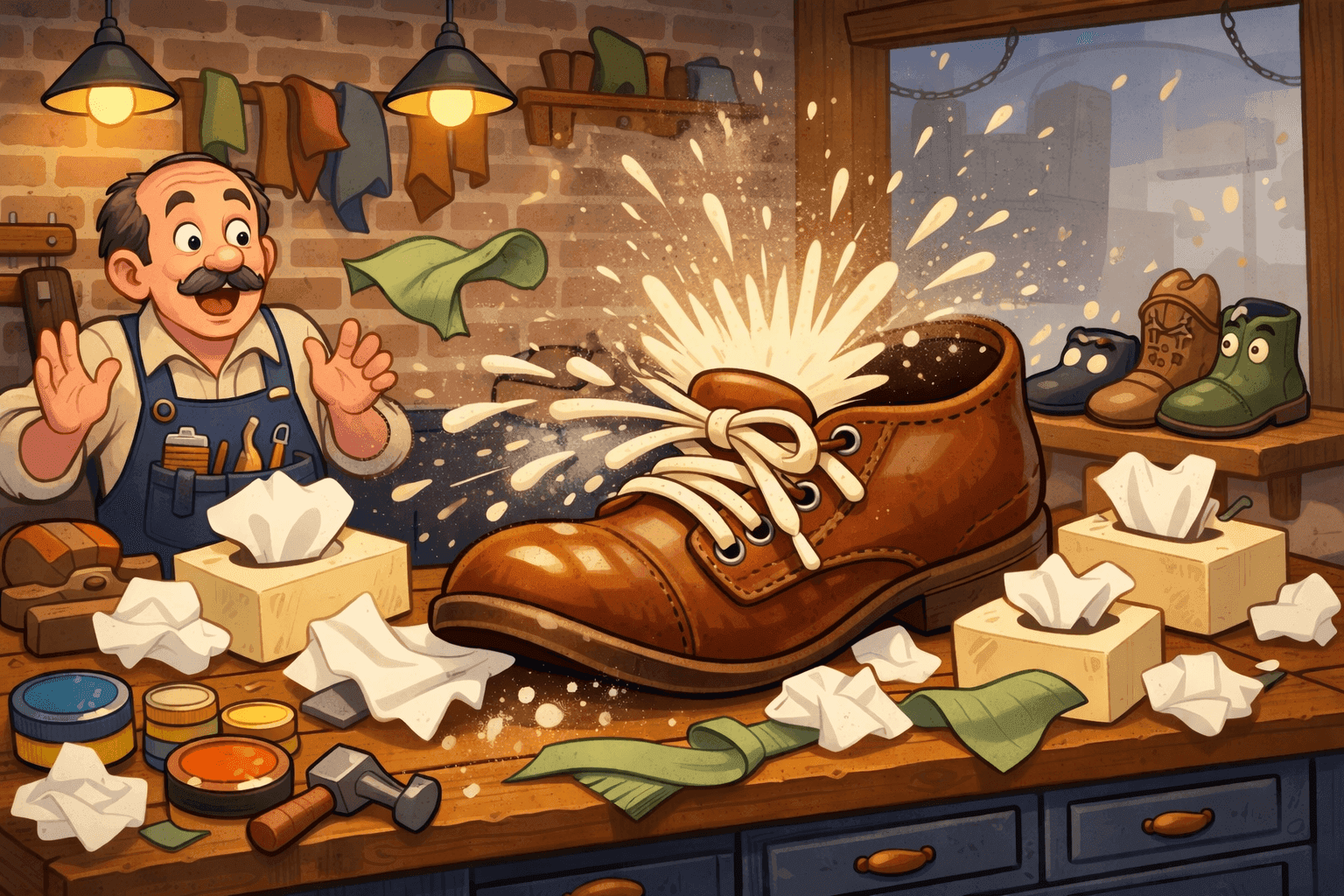 A cartoon shoe appearing to sneeze with achoo symbols around it