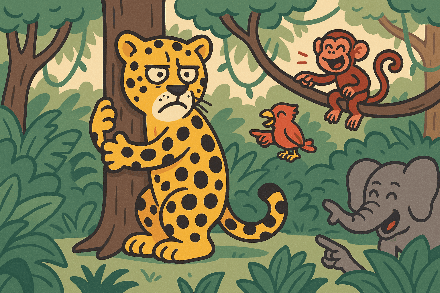 A cartoon leopard with distinctive spots trying unsuccessfully to hide behind a tree while other animals easily point at it and laugh, with the leopard looking frustrated at being so easily spotted