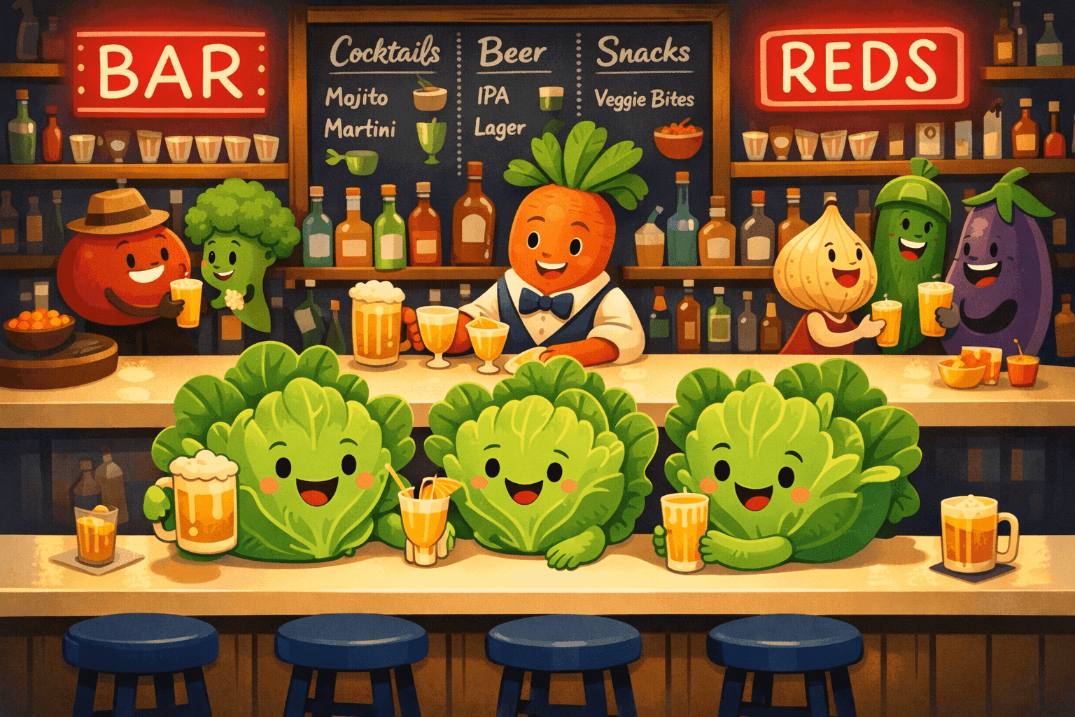 Cartoon lettuce at a bar ordering drinks