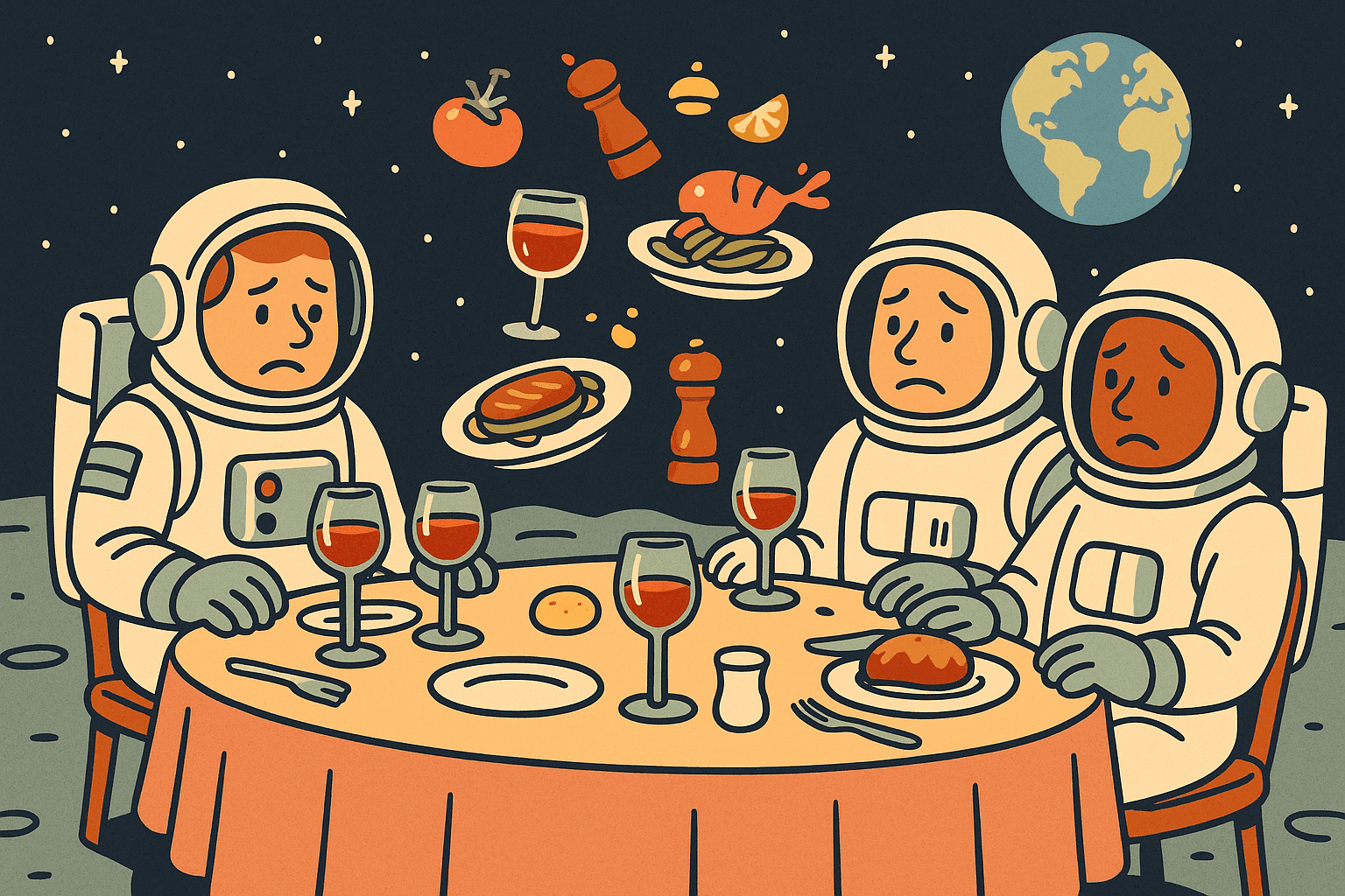 A humorous cartoon illustration of astronauts in spacesuits dining at a fancy restaurant on the moon's surface, with floating food and disappointed expressions, while Earth is visible in the starry background