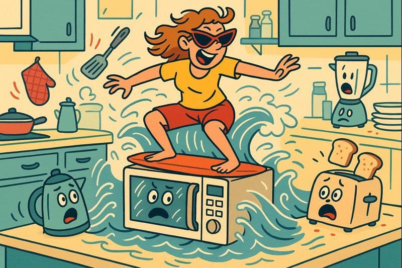 A cartoon character attempting to surf on top of a microwave in a kitchen