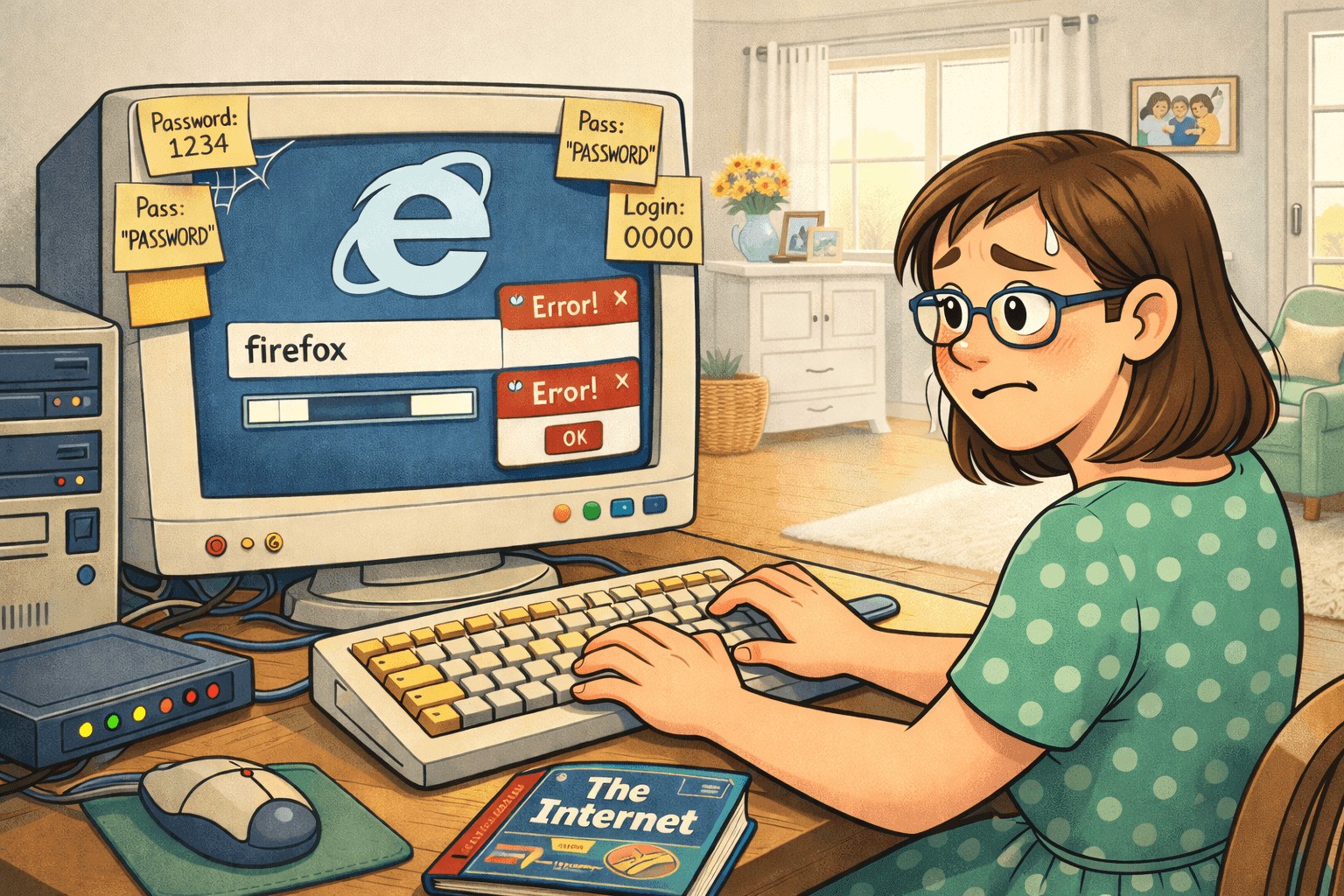 A cartoon person using an old computer with Internet Explorer searching for Firefox