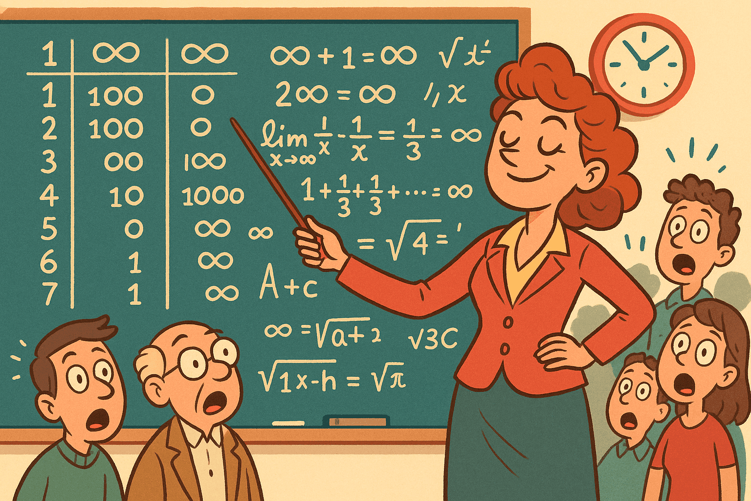 A humorous cartoon illustration of a confident woman standing in front of a chalkboard covered with infinity symbols and mathematical equations, holding a pointer and looking accomplished