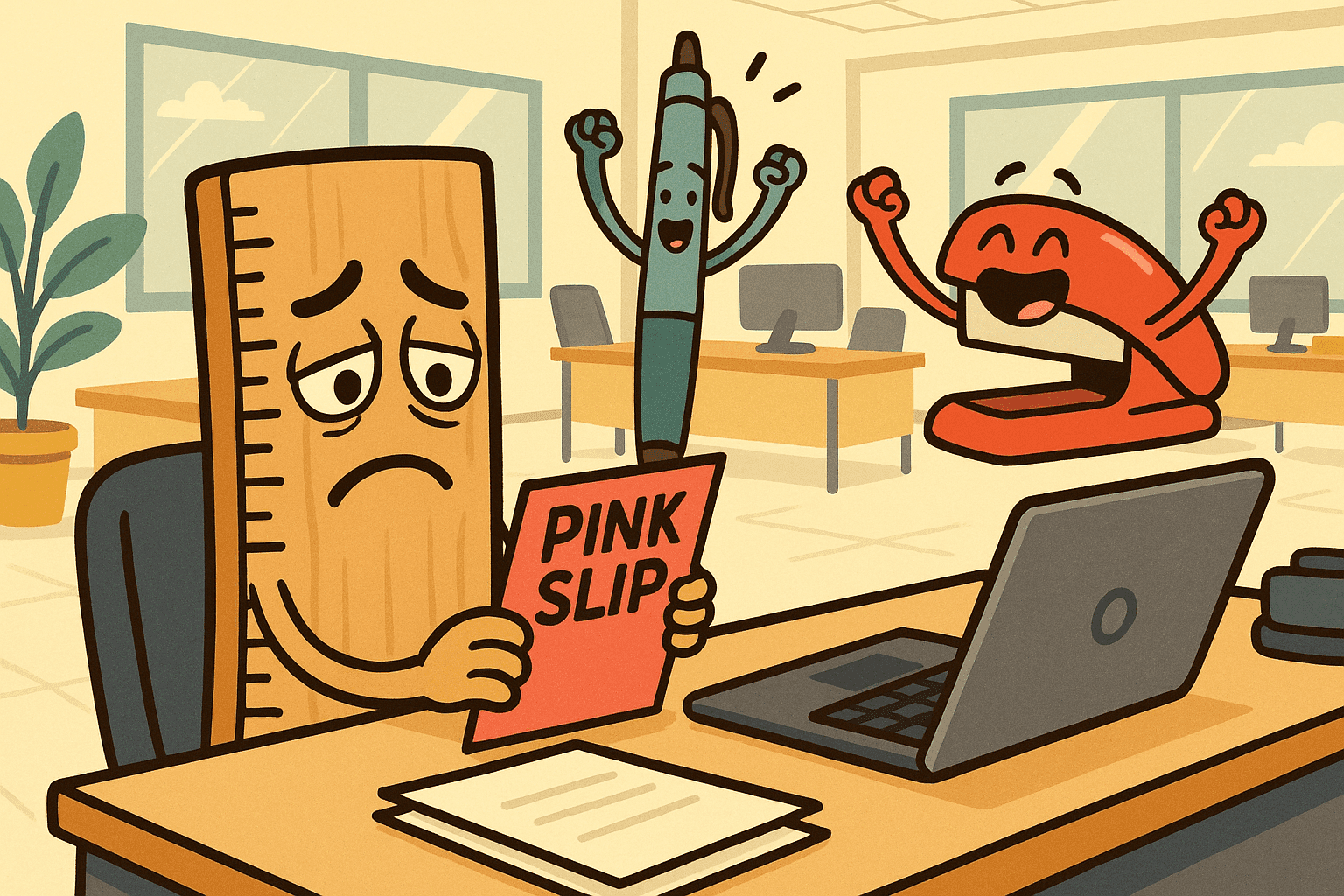 A cartoon ruler with dejected eyes sitting sadly at a desk with a pink slip, while other office supplies like a calculator and pen look successful and confident in the background of a bright office setting