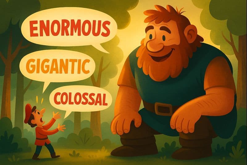 A cartoon person talking to a huge friendly giant using elaborate vocabulary