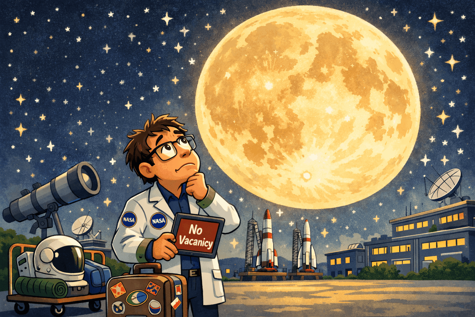 A cartoon NASA scientist looking at a fully illuminated moon with a no vacancy sign