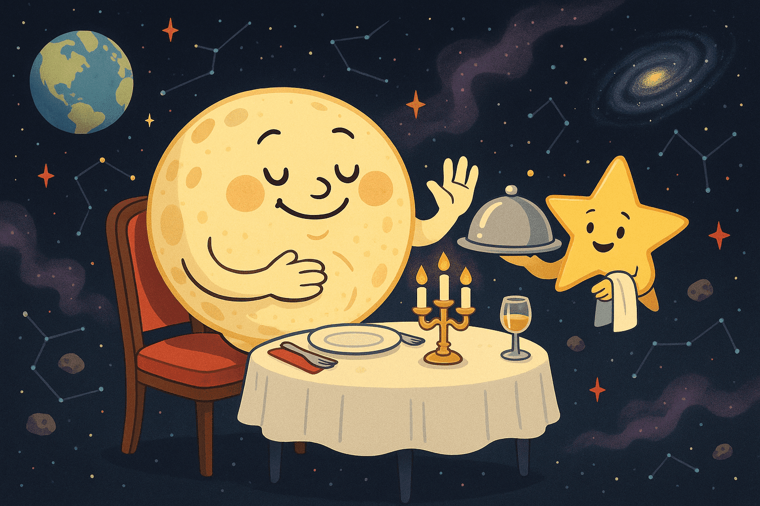 Cartoon illustration of a personified full moon with satisfied face and hands on belly, sitting at a dinner table in space declining offered plate of food, Earth visible in starry background, constellations twinkling, dinner table floating in cosmos in cream, dark blue-gray, sage green, yellow, and bright red colors