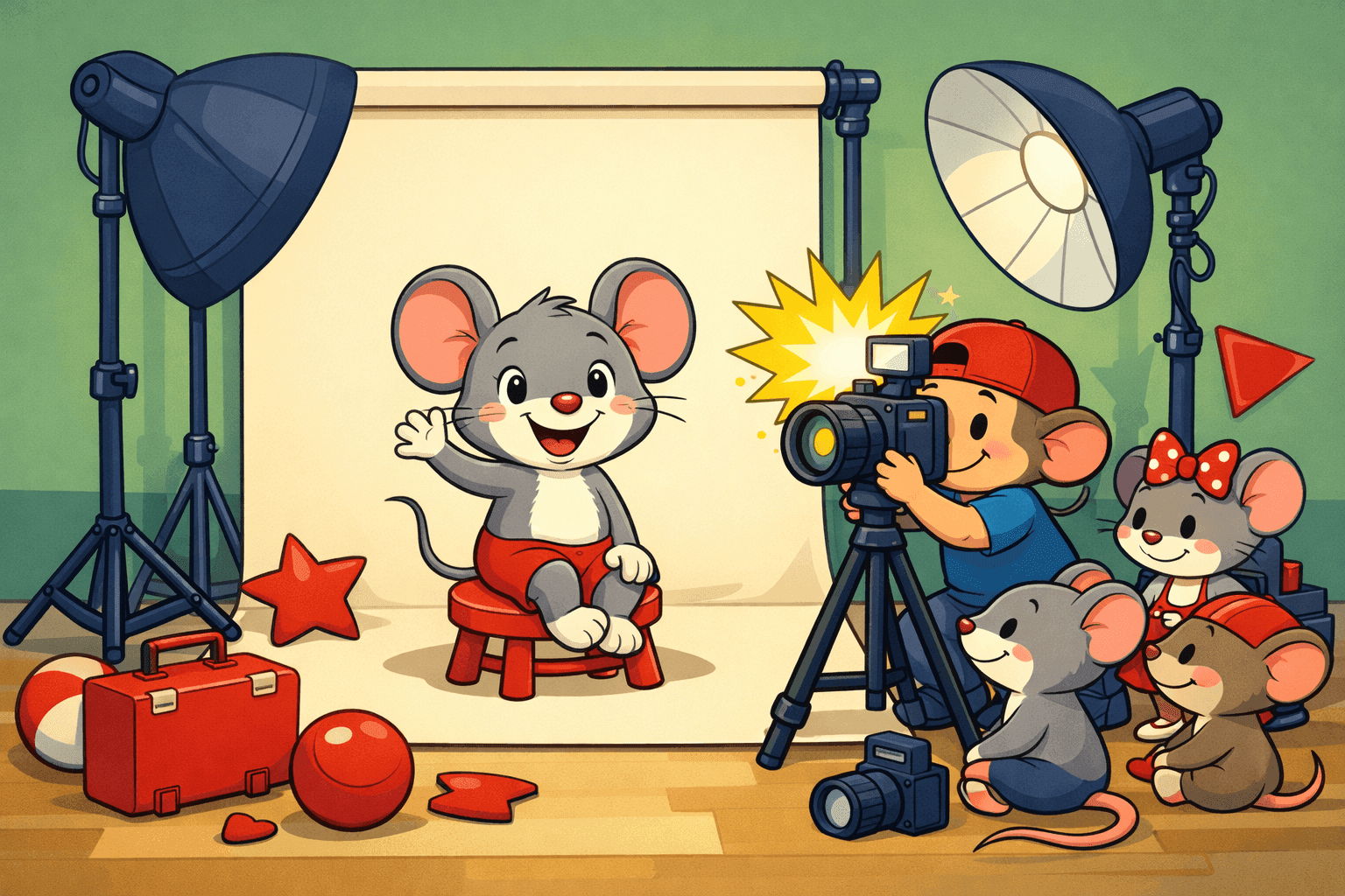 A cartoon mouse posing for a photograph looking happy