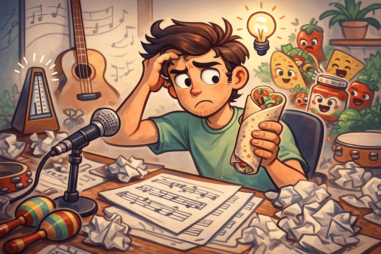 A cartoon tortilla sitting at a piano with sheet music, looking thoughtful while trying to compose