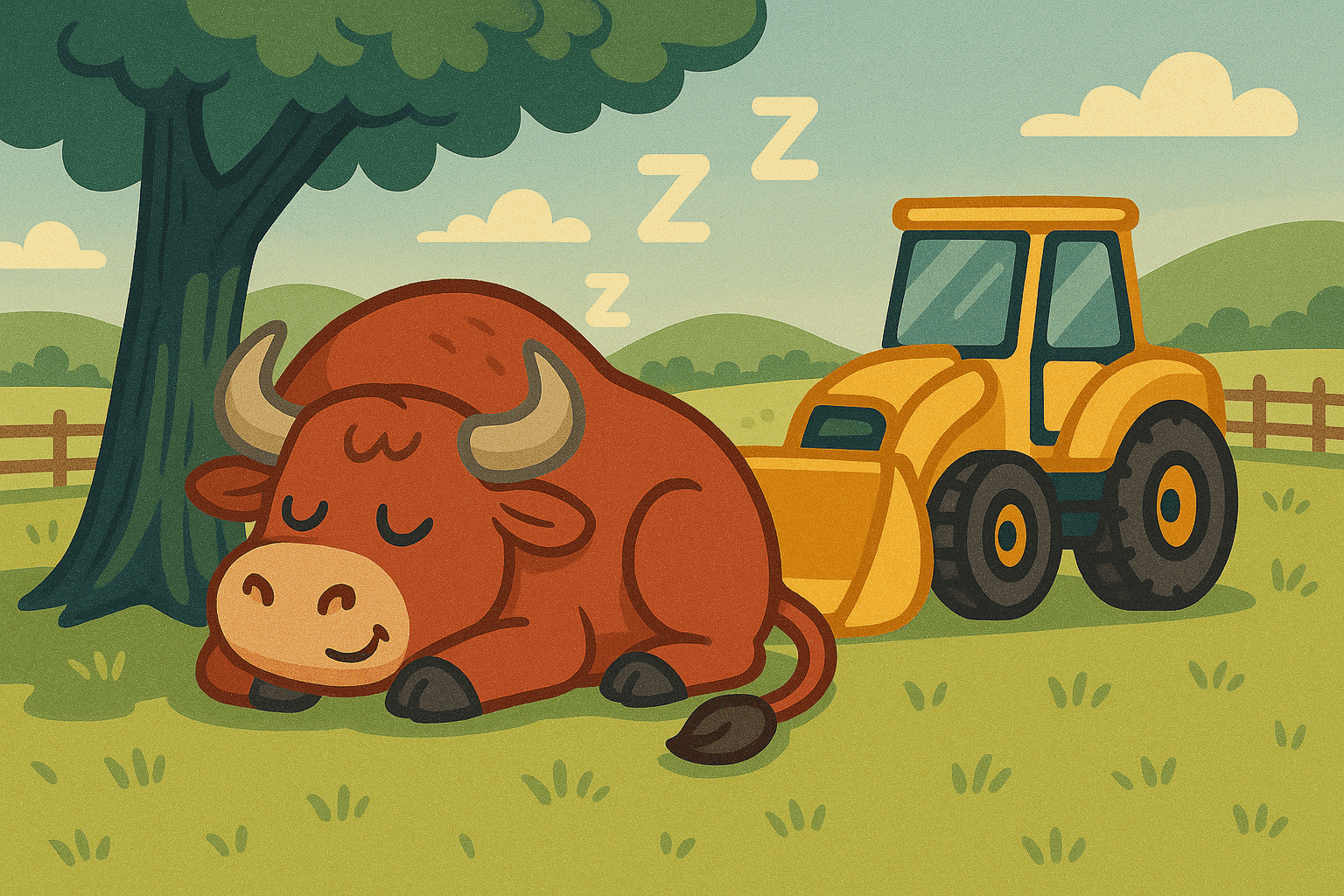 A cartoon bull peacefully sleeping under a tree with Z's floating above its head, positioned next to an actual bulldozer machine, creating a visual pun in a sunny farm pasture setting