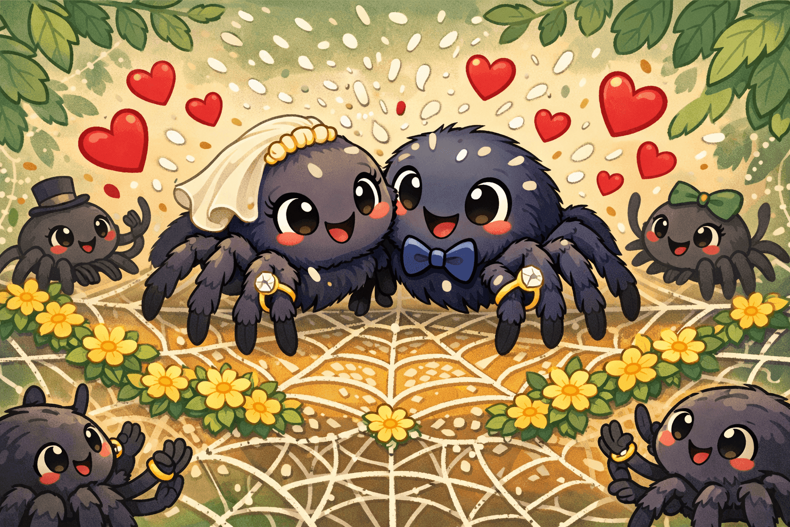 Two cartoon spiders in wedding attire celebrating their marriage
