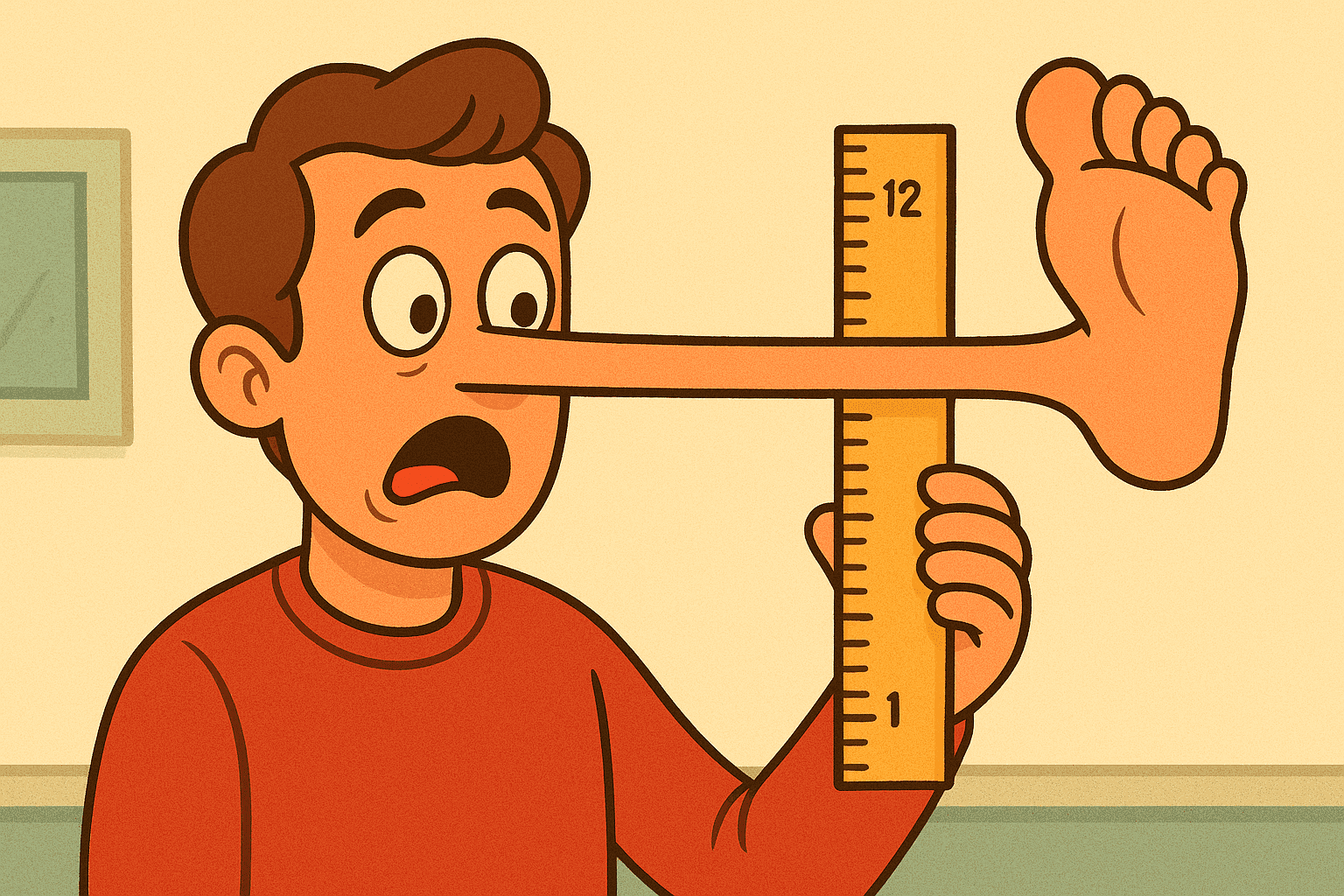 A cartoon person with a comically long nose holding a ruler showing 12 inches, while their nose transforms into an actual foot at the end, creating a visual pun about measurement