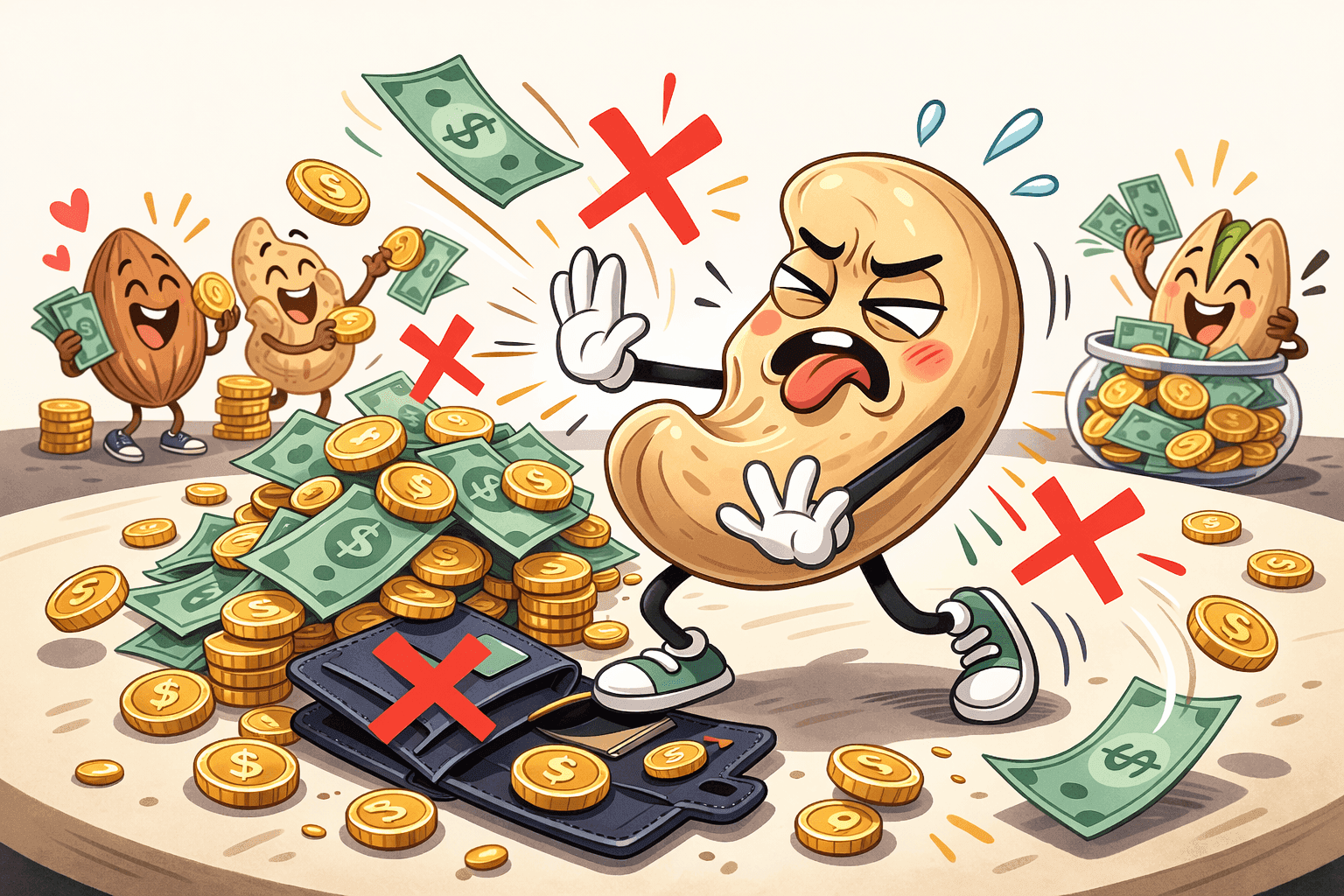 A cartoon cashew nut pushing away a pile of money