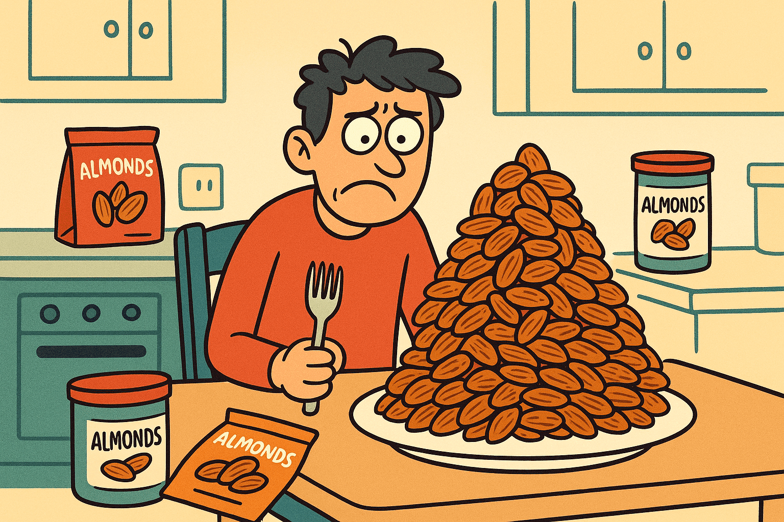 A humorous cartoon illustration of a person looking skeptically at an enormous pile of almonds on their dinner plate, with a concerned expression realizing the absurdity of an all-almond diet