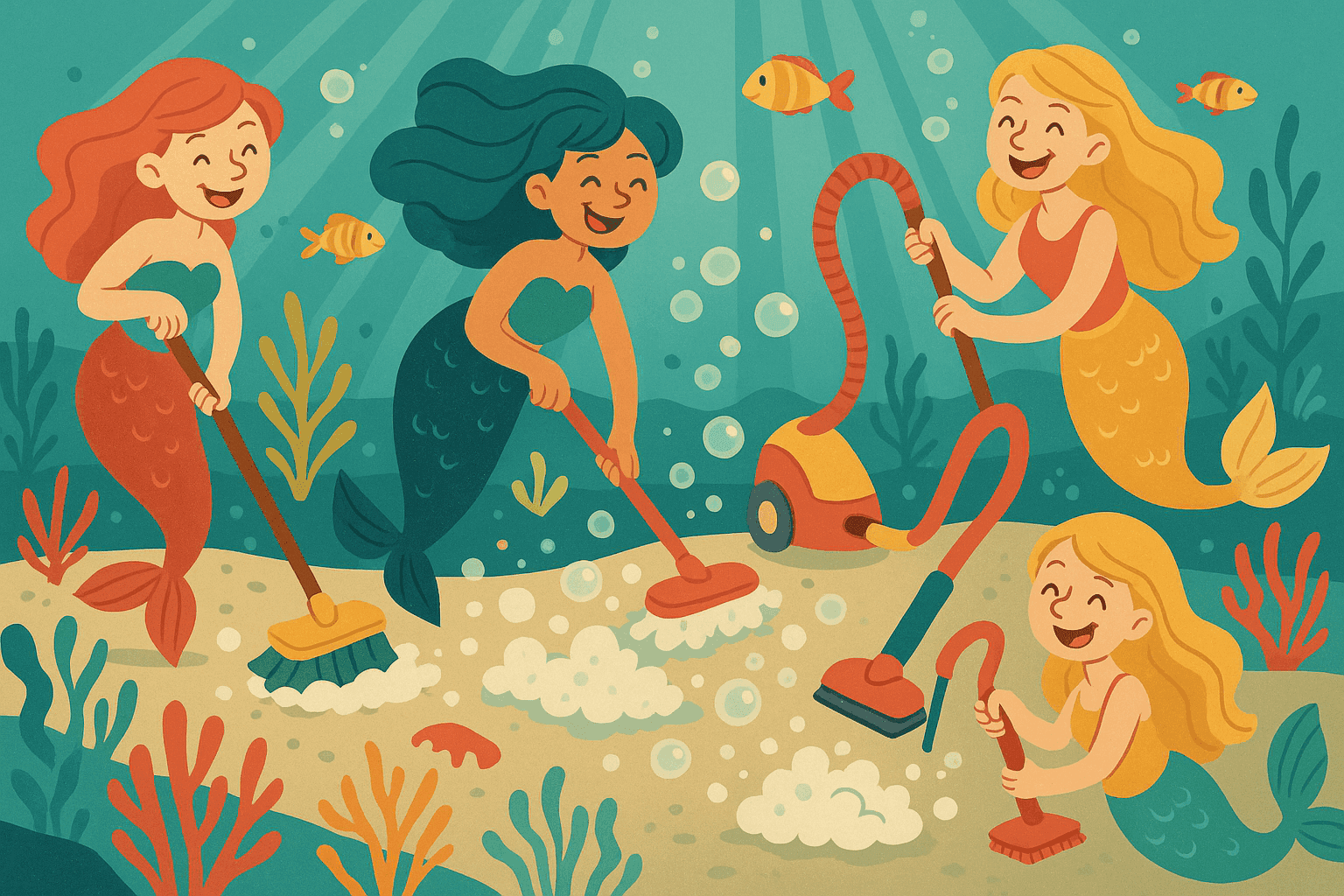 A humorous cartoon illustration of cheerful mermaids underwater using cleaning supplies like mops, scrub brushes, and soap bubbles to clean the ocean floor, with fish swimming around and coral reefs in the background