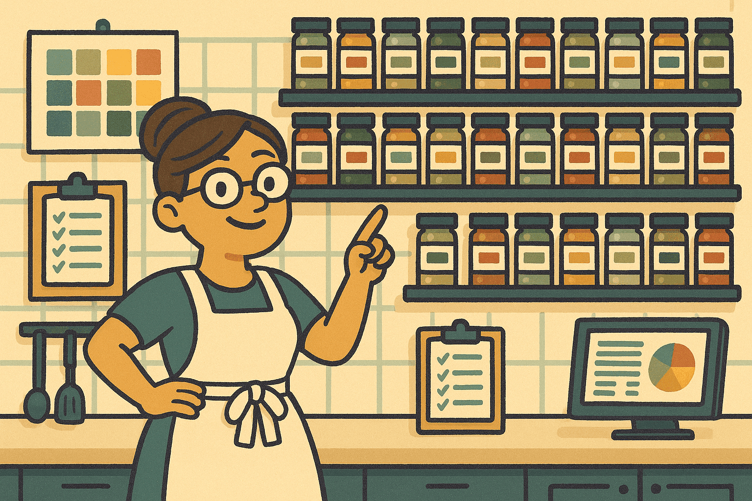 A cartoon mama character with glasses and apron standing proudly next to an incredibly elaborate spice rack with color-coded labels, charts, and a computer system organizing hundreds of spices in a pristine kitchen