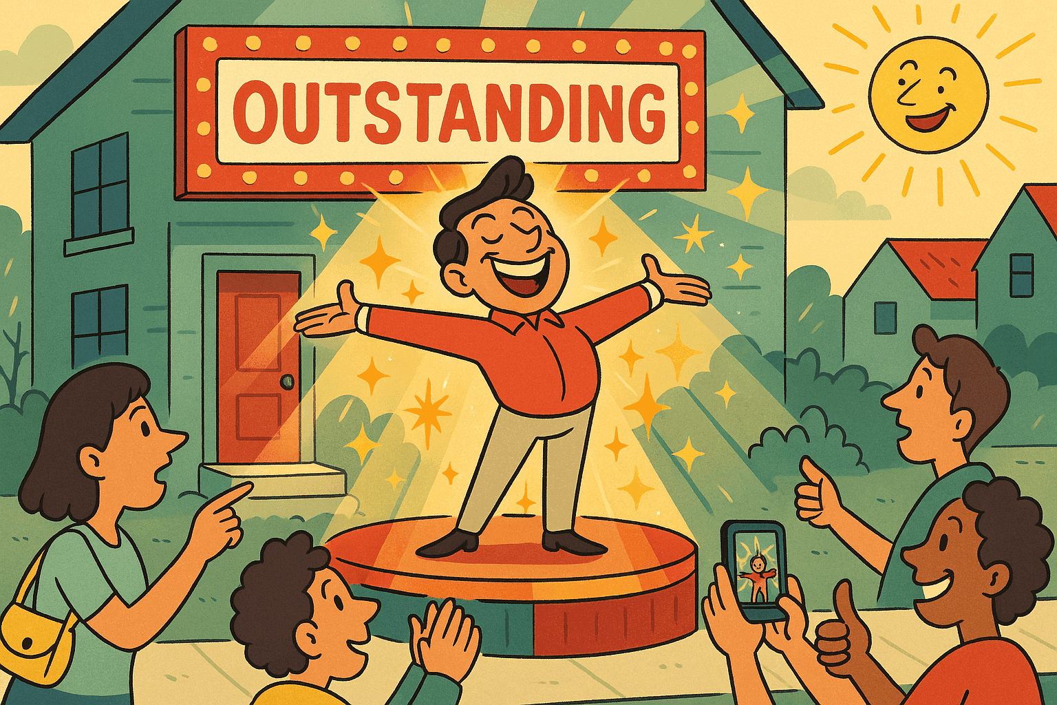 A proud cartoon character standing confidently outside with arms spread wide