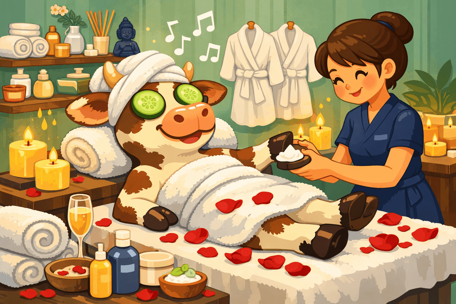 A cartoon cow relaxing in luxury being pampered at a spa