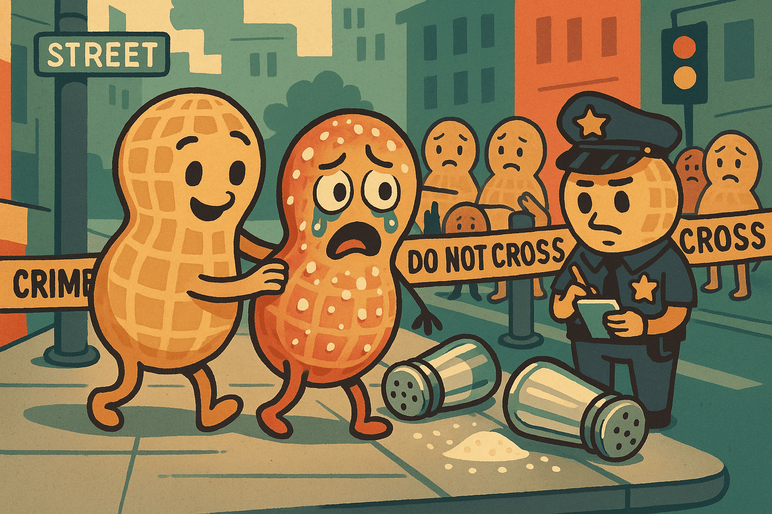 Two cartoon peanuts walking down a city street, one looking worried and the other concerned