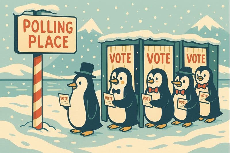 Cartoon penguins lined up at a North Pole with voting booths in an icy landscape