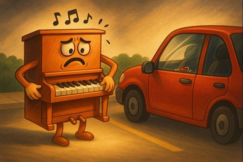 A cartoon piano standing outside a locked car looking frustrated and searching for keys