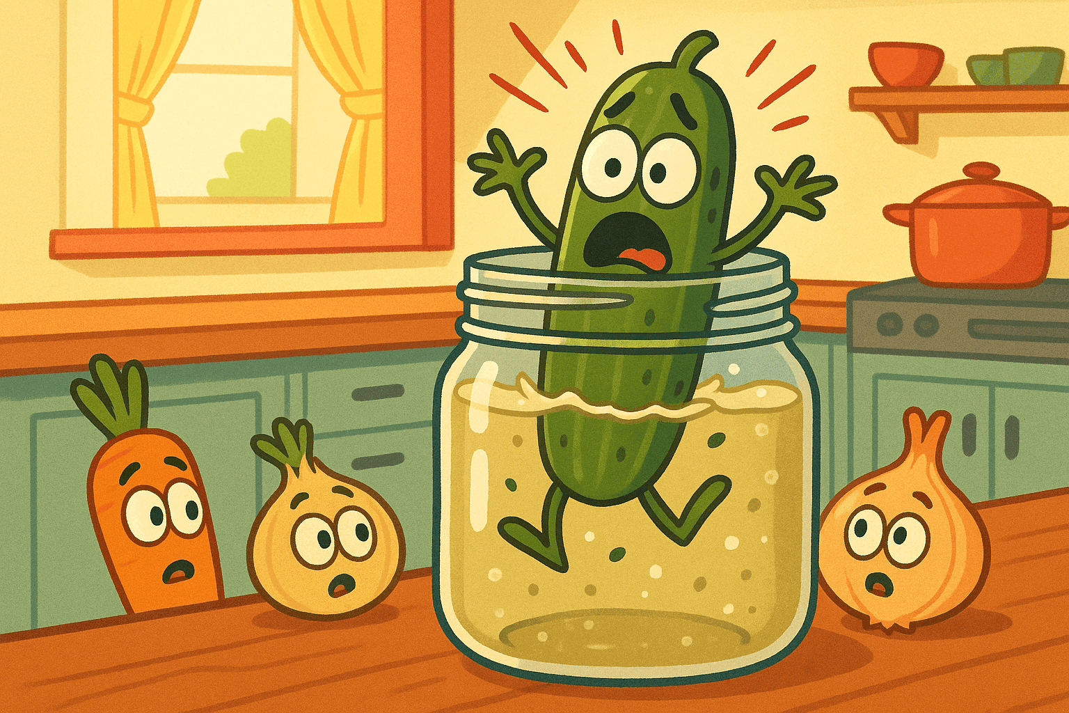 A cartoon cucumber with wide surprised eyes being lowered into a large glass jar filled with brine, with shocked expression lines around it, set in a bright kitchen with other vegetables watching the transformation