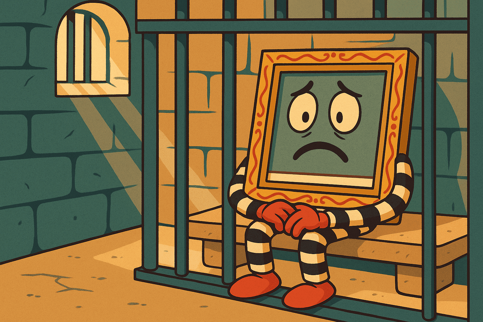 A humorous cartoon illustration of a worried-looking photograph with arms and legs sitting in a jail cell, surrounded by prison bars, with a decorative picture frame around its edges