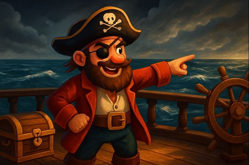 A cartoon pirate on a ship deck surrounded by the letters R and C