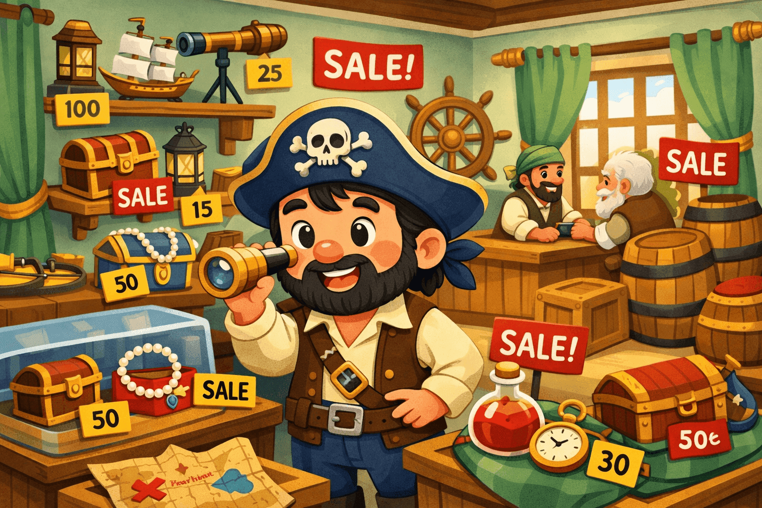 A cartoon pirate browsing in a shop with various items displayed