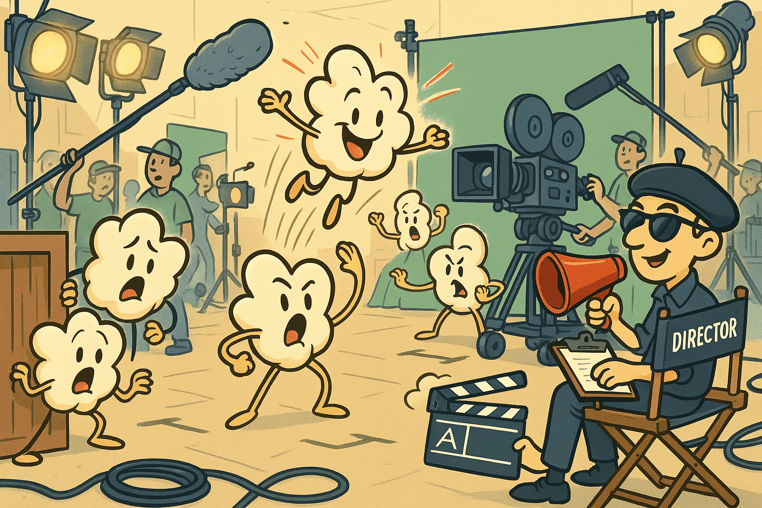 Cartoon illustration of animated popcorn kernels with faces acting on a movie set, some popping up dramatically through scene, director in chair with megaphone, film cameras, lighting equipment, and clapperboard, Hollywood studio atmosphere in cream, dark blue-gray, sage green, yellow, and bright red colors