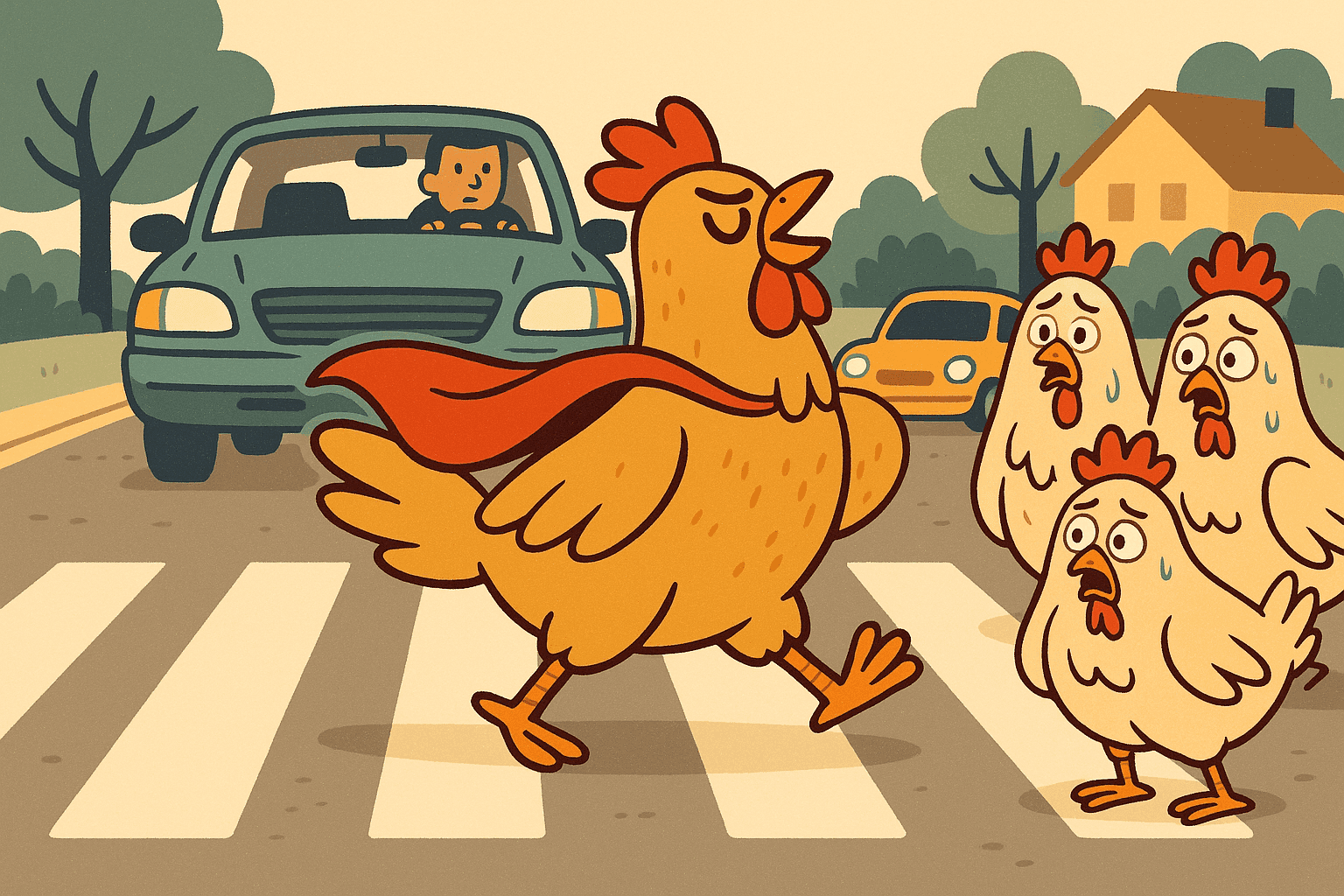 A determined cartoon chicken with a brave expression marching confidently across a busy road while other chickens watch nervously from the sidelines, with the brave chicken wearing a superhero cape