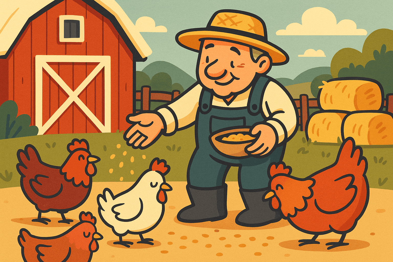 A humorous cartoon illustration of a gentle farmer with a kind expression carefully tending to happy hens in a barnyard, surrounded by chickens pecking at feed and a rustic farm setting