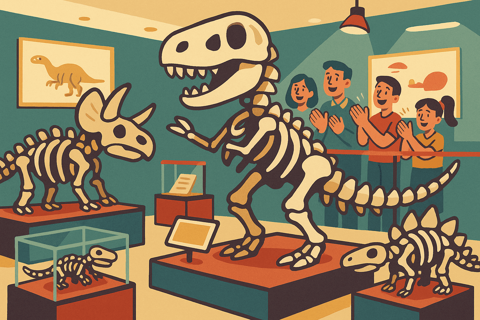 A humorous cartoon illustration of dinosaur fossils and skeletons in a museum with their tiny arms unable to reach together for clapping, while modern visitors clap normally in the background