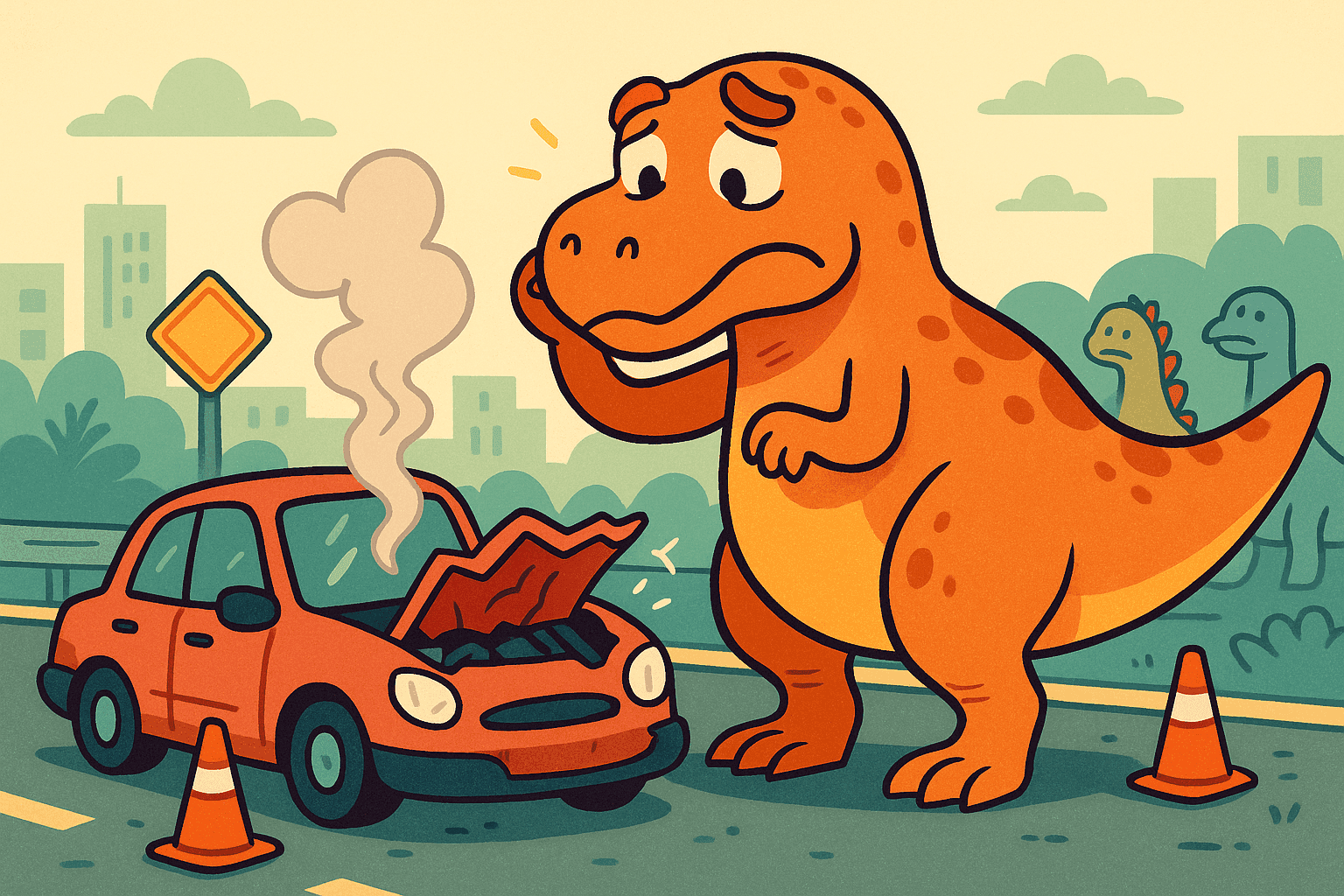 Cartoon illustration of a Tyrannosaurus Rex looking embarrassed next to a crashed car with smoke coming from it, surrounded by traffic cones and concerned onlookers