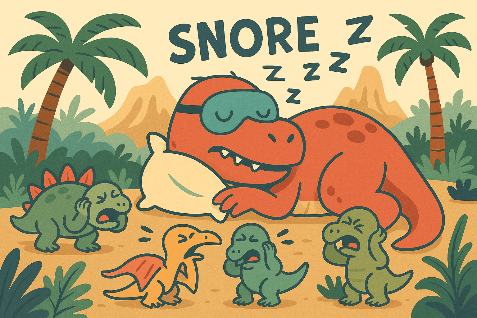 A cartoon dinosaur sleeping peacefully with a sleep mask and pillow while making loud snoring sounds with Z's floating around, set in a prehistoric landscape with other dinosaurs covering their ears