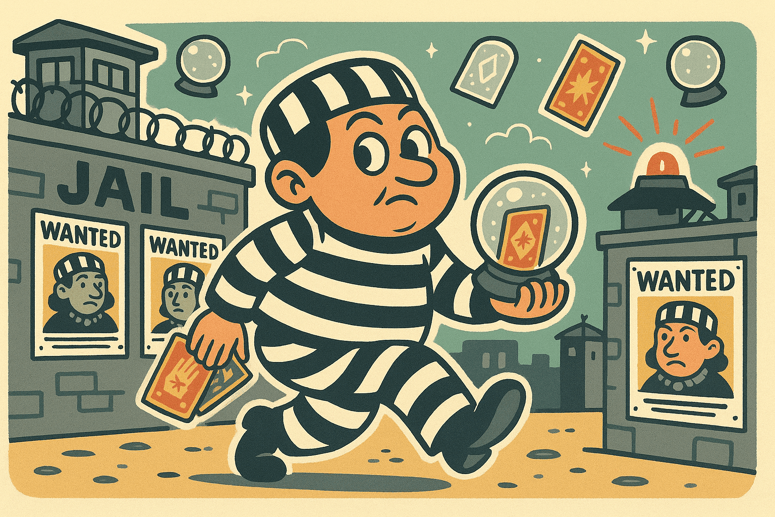 A cartoon small fortune teller in prison stripes and a crystal ball, sneaking away from a jail with 'WANTED' posters showing them as both small in stature and a medium, creating the visual pun