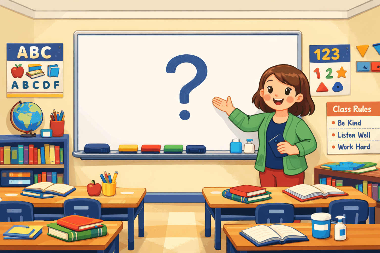 A cartoon classroom with a whiteboard and markers displayed prominently